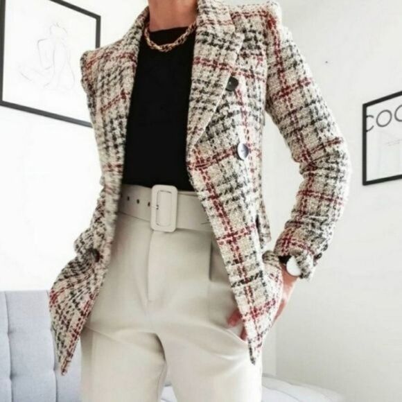 Zara Long Sleeve Double Breasted Woven Lined Blazer Front Flap Pockets Medium - Picture 6 of 16